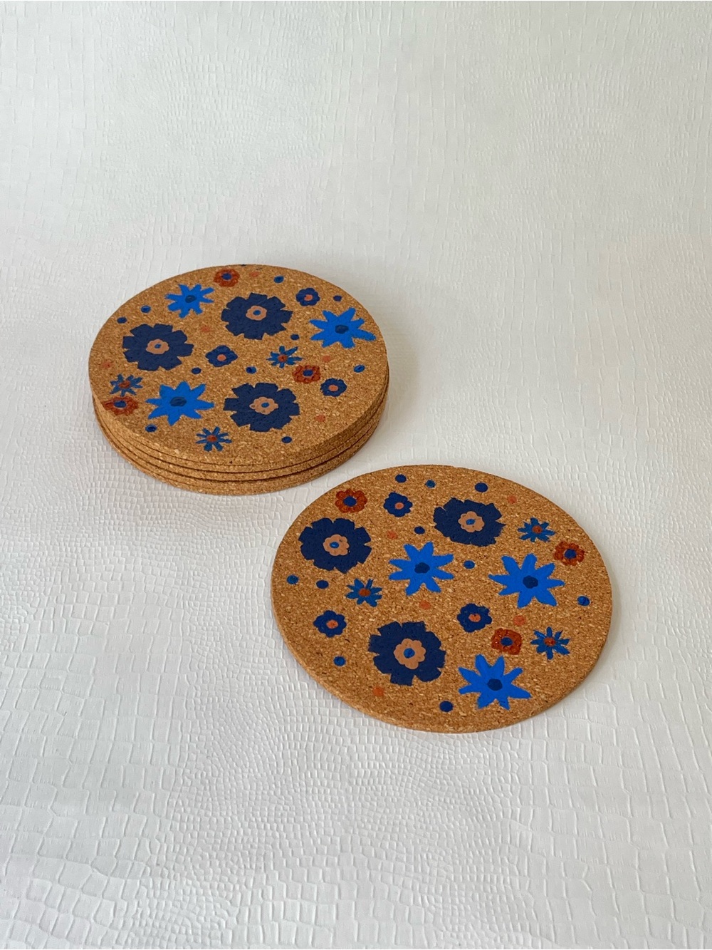 Hand-painted Round Cork Coasters with Blue Floral Print (Set of 6)